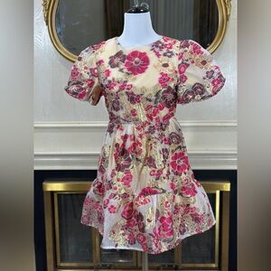 TCEC Metallic Floral Puff Sleeve Mini Dress‎ | Gold Foil Organza | Size M